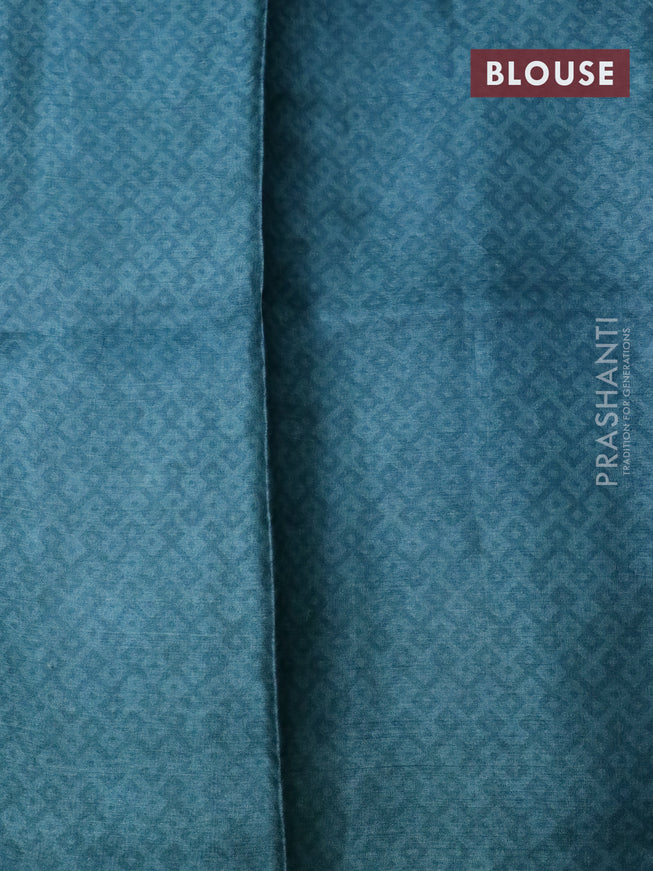 Pure tussar silk saree teal blue shade with floral prints in borderless style