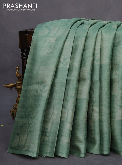 Pure tussar silk saree pastel green with allover prints in borderless style