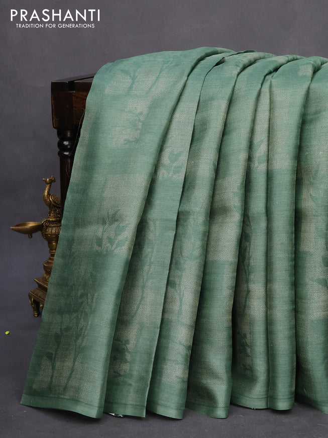 Pure tussar silk saree pastel green with allover prints in borderless style