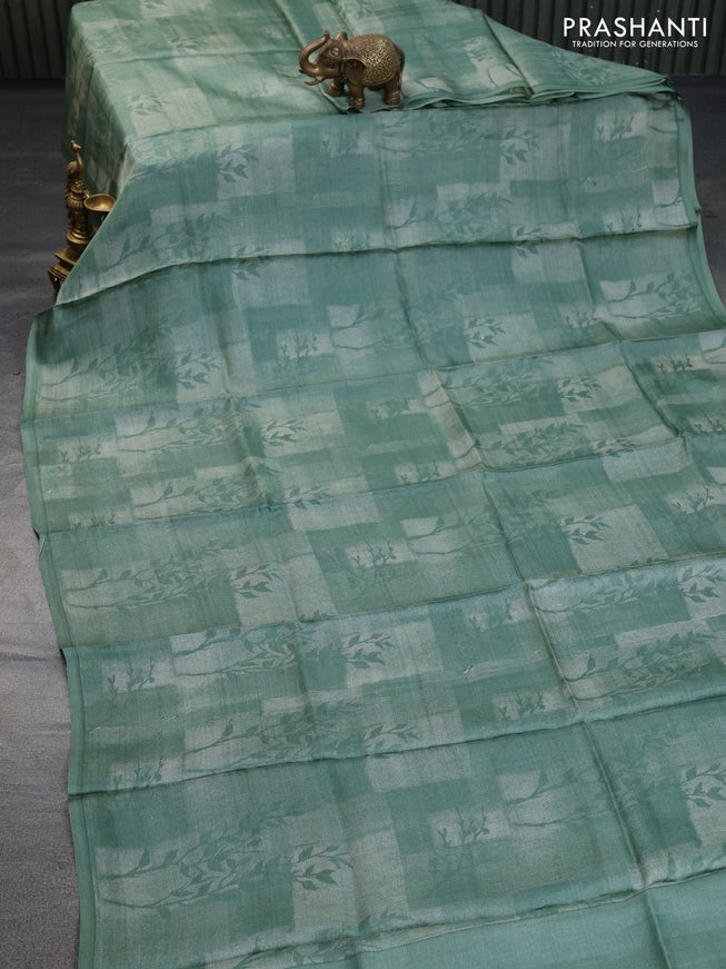 Pure tussar silk saree pastel green with allover prints in borderless style