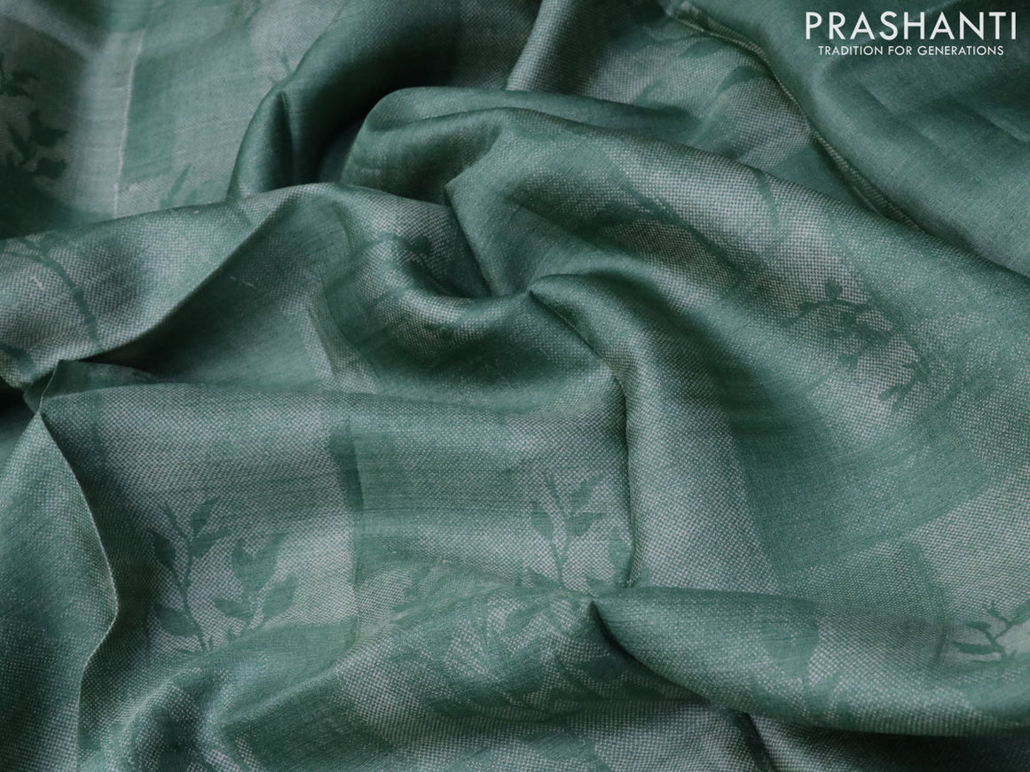 Pure tussar silk saree pastel green with allover prints in borderless style