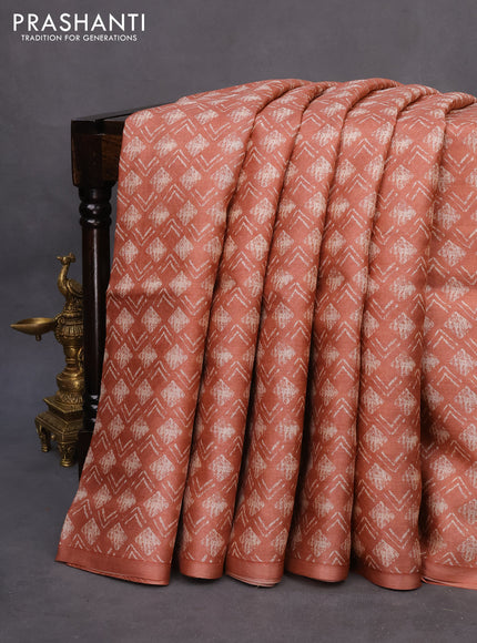 Pure tussar silk saree pastel peach with allover geometric prints in borderless style