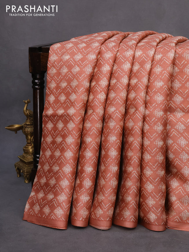 Pure tussar silk saree pastel peach with allover geometric prints in borderless style