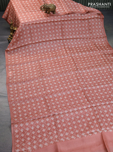 Pure tussar silk saree pastel peach with allover geometric prints in borderless style