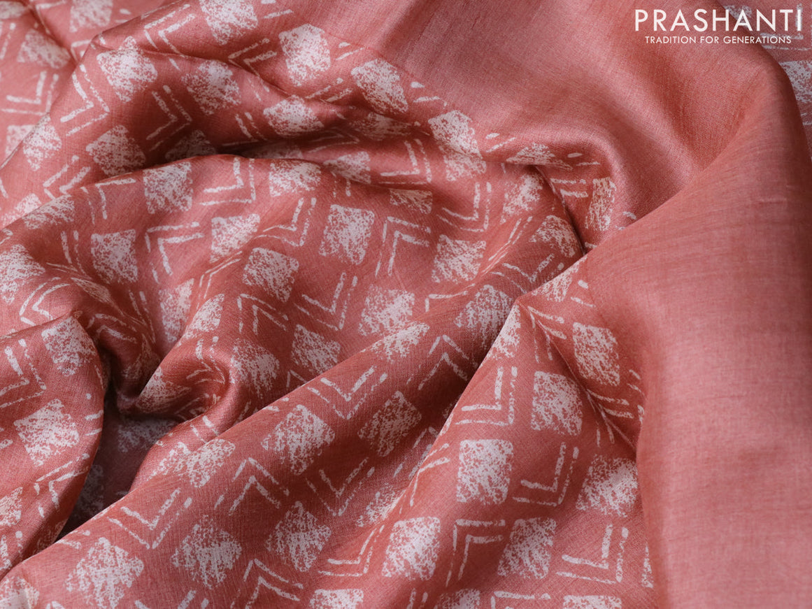 Pure tussar silk saree pastel peach with allover geometric prints in borderless style