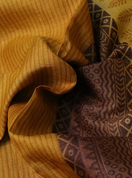 Pure tussar silk saree mustard yellow and sandal brown with allover stripe prints and paisley printed border