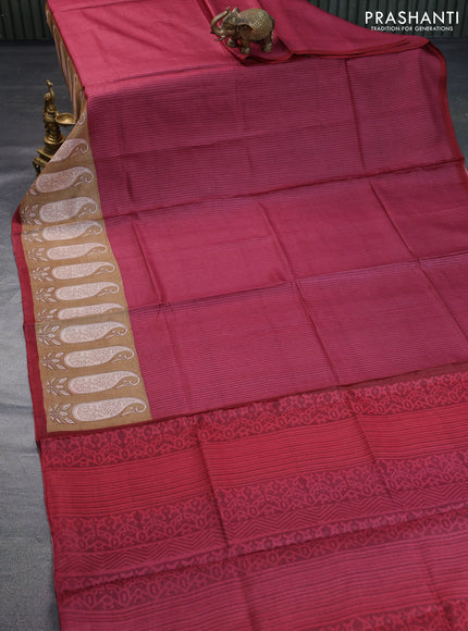 Pure tussar silk saree maroon and sandal maroon with allover stripe prints and paisley printed border