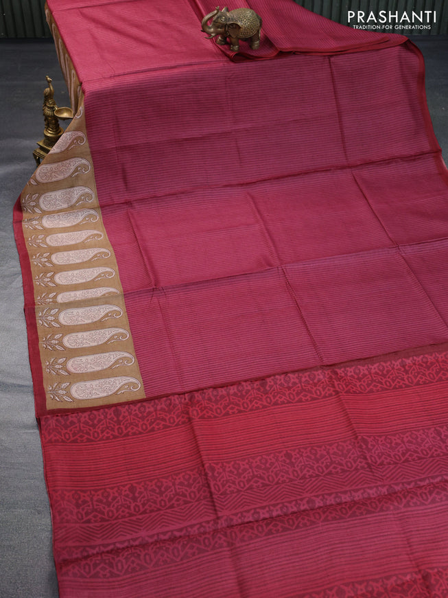 Pure tussar silk saree maroon and sandal maroon with allover stripe prints and paisley printed border