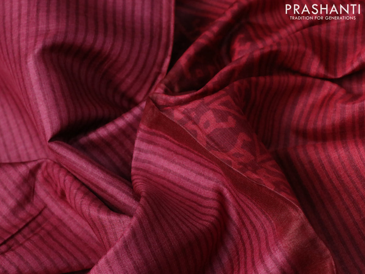 Pure tussar silk saree maroon and sandal maroon with allover stripe prints and paisley printed border