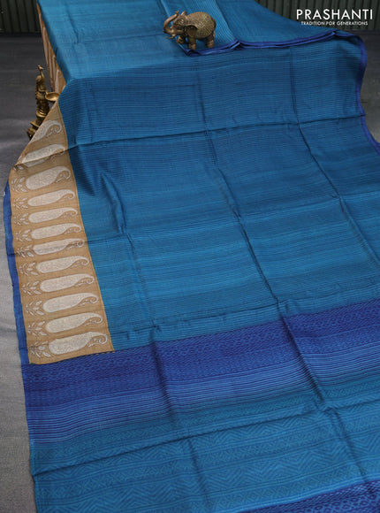 Pure tussar silk saree cs blue and sandal dark blue with allover stripe prints and paisley printed border