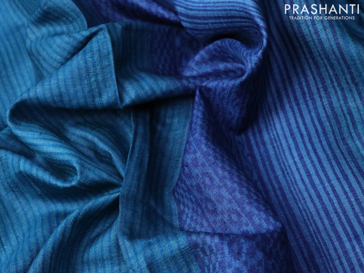 Pure tussar silk saree cs blue and sandal dark blue with allover stripe prints and paisley printed border