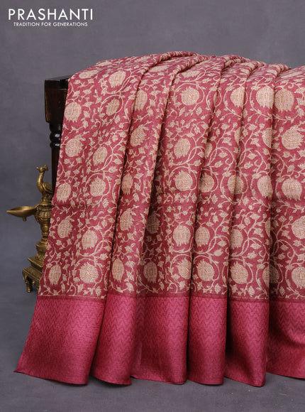 Pure tussar silk saree maroon with allover prints and printed border