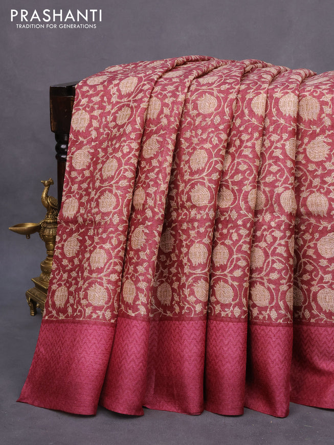 Pure tussar silk saree maroon with allover prints and printed border