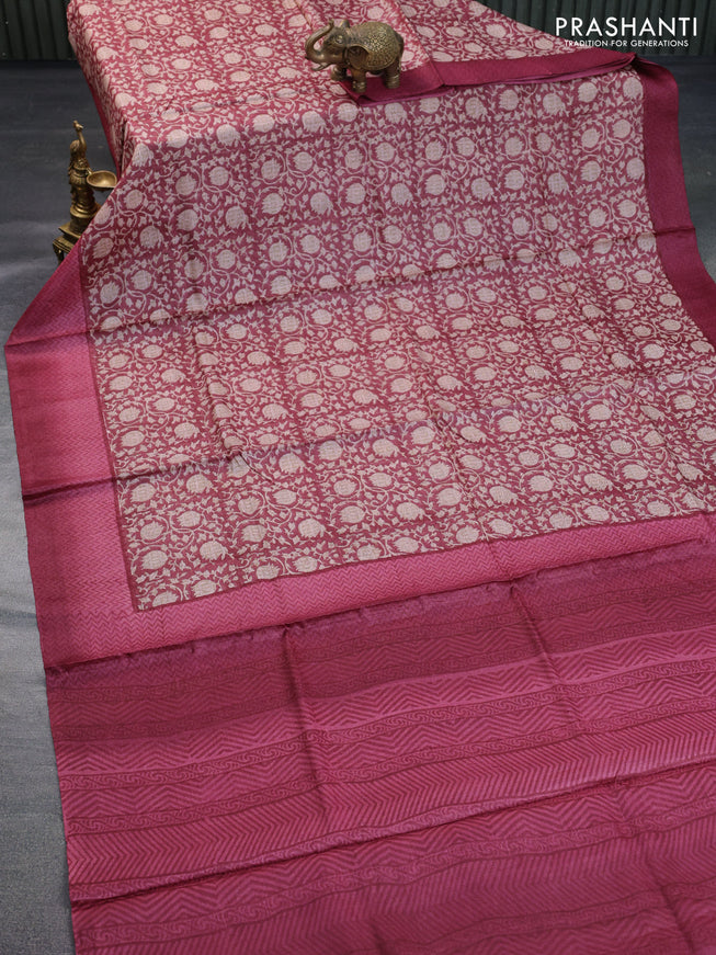 Pure tussar silk saree maroon with allover prints and printed border