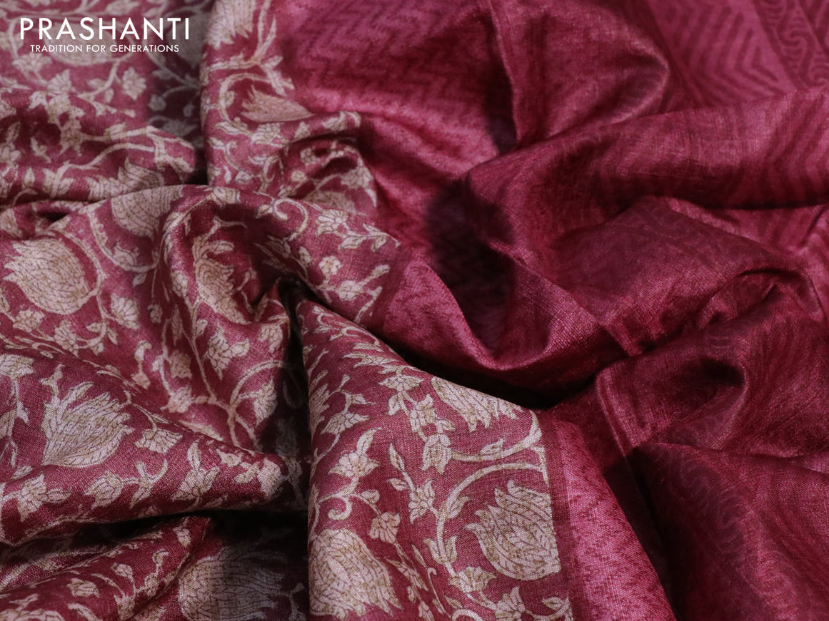 Pure tussar silk saree maroon with allover prints and printed border