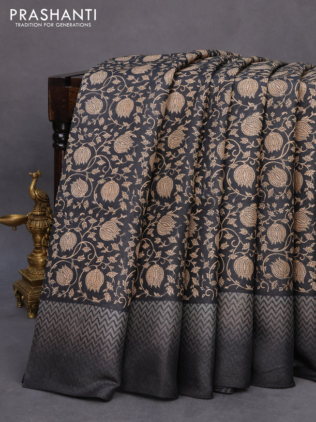 Pure tussar silk saree black and grey with allover prints and printed border