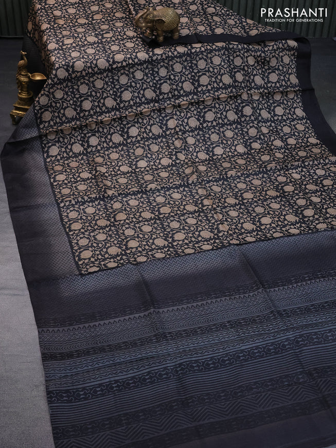 Pure tussar silk saree black and grey with allover prints and printed border