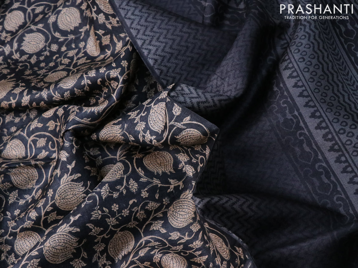 Pure tussar silk saree black and grey with allover prints and printed border