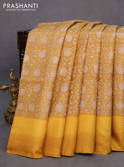 Pure tussar silk saree mustard yellow and yellow with allover prints and printed border