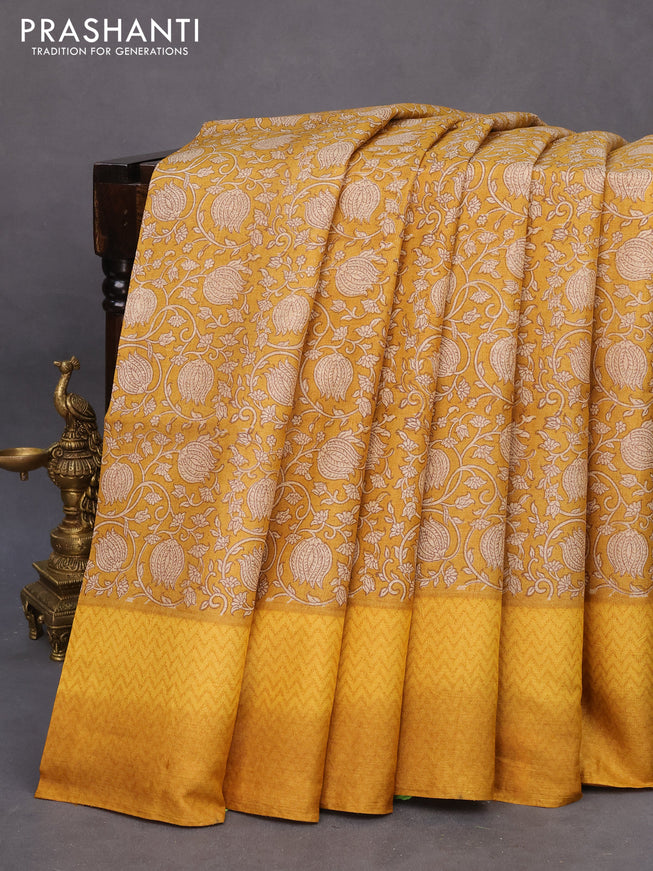 Pure tussar silk saree mustard yellow and yellow with allover prints and printed border