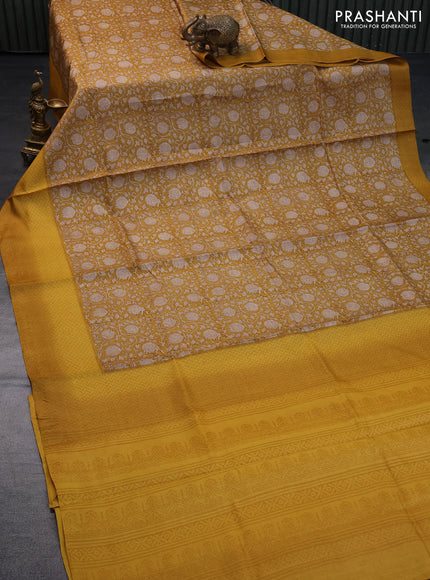 Pure tussar silk saree mustard yellow and yellow with allover prints and printed border