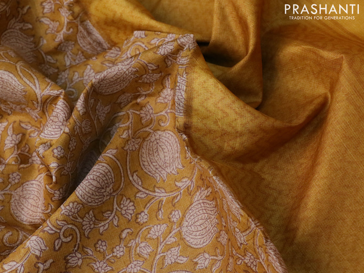 Pure tussar silk saree mustard yellow and yellow with allover prints and printed border