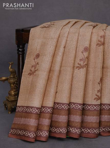 Pure tussar silk saree beige and brown with floral butta prints and printed border