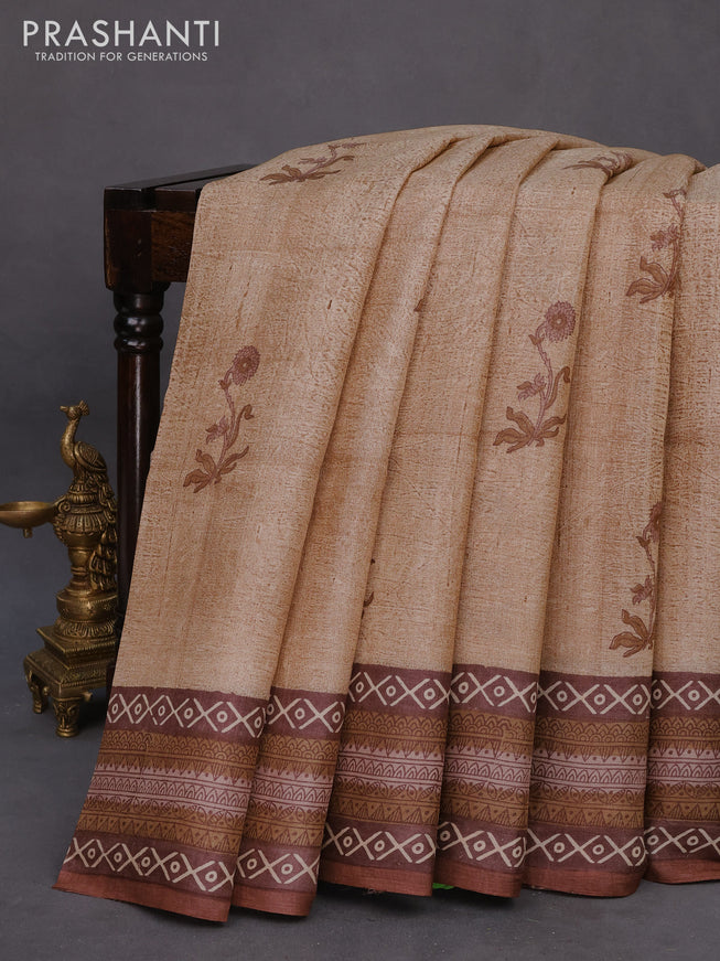 Pure tussar silk saree beige and brown with floral butta prints and printed border