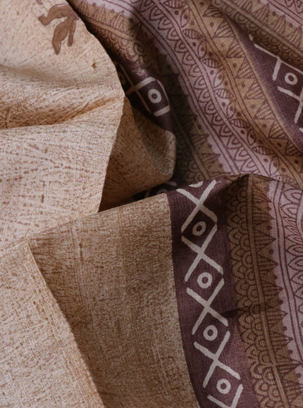 Pure tussar silk saree beige and brown with floral butta prints and printed border