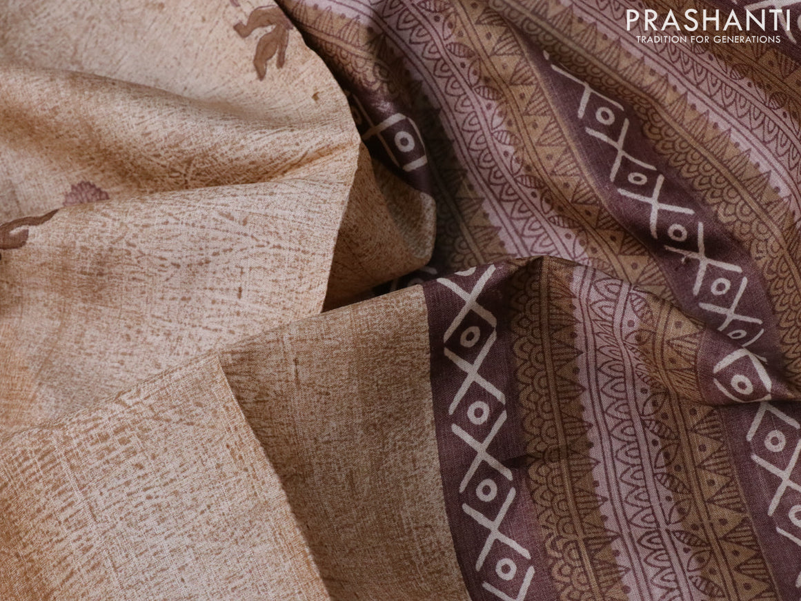 Pure tussar silk saree beige and brown with floral butta prints and printed border