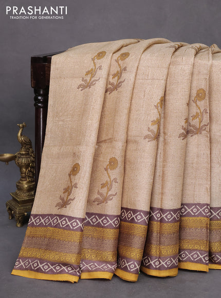 Pure tussar silk saree beige and yellow with floral butta prints and printed border