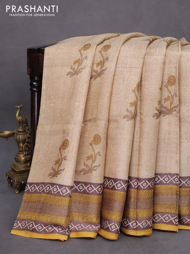 Pure tussar silk saree beige and yellow with floral butta prints and printed border