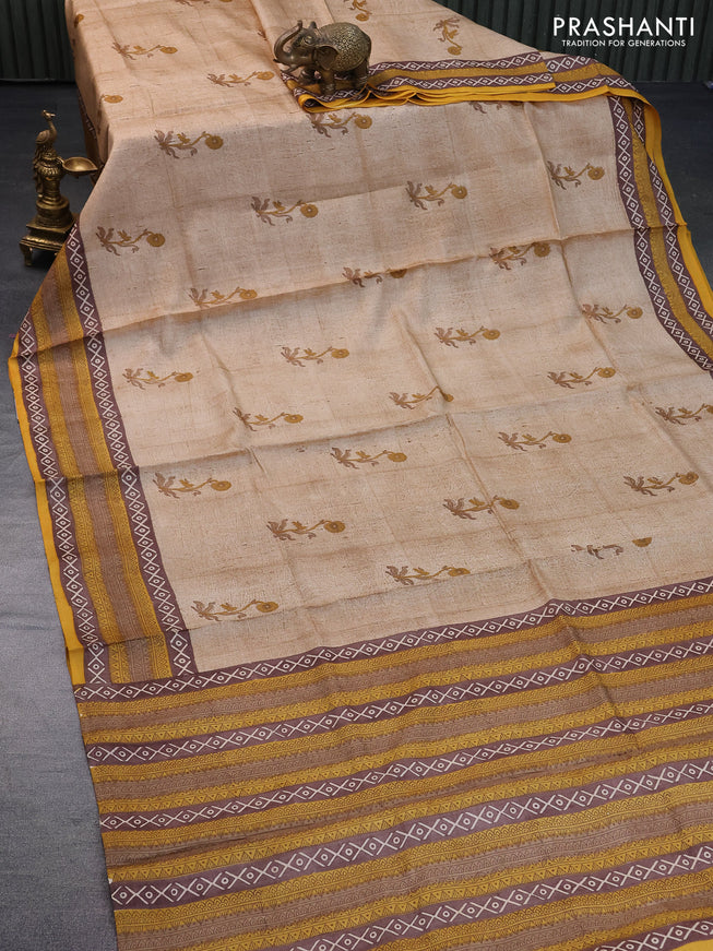 Pure tussar silk saree beige and yellow with floral butta prints and printed border