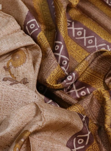 Pure tussar silk saree beige and yellow with floral butta prints and printed border