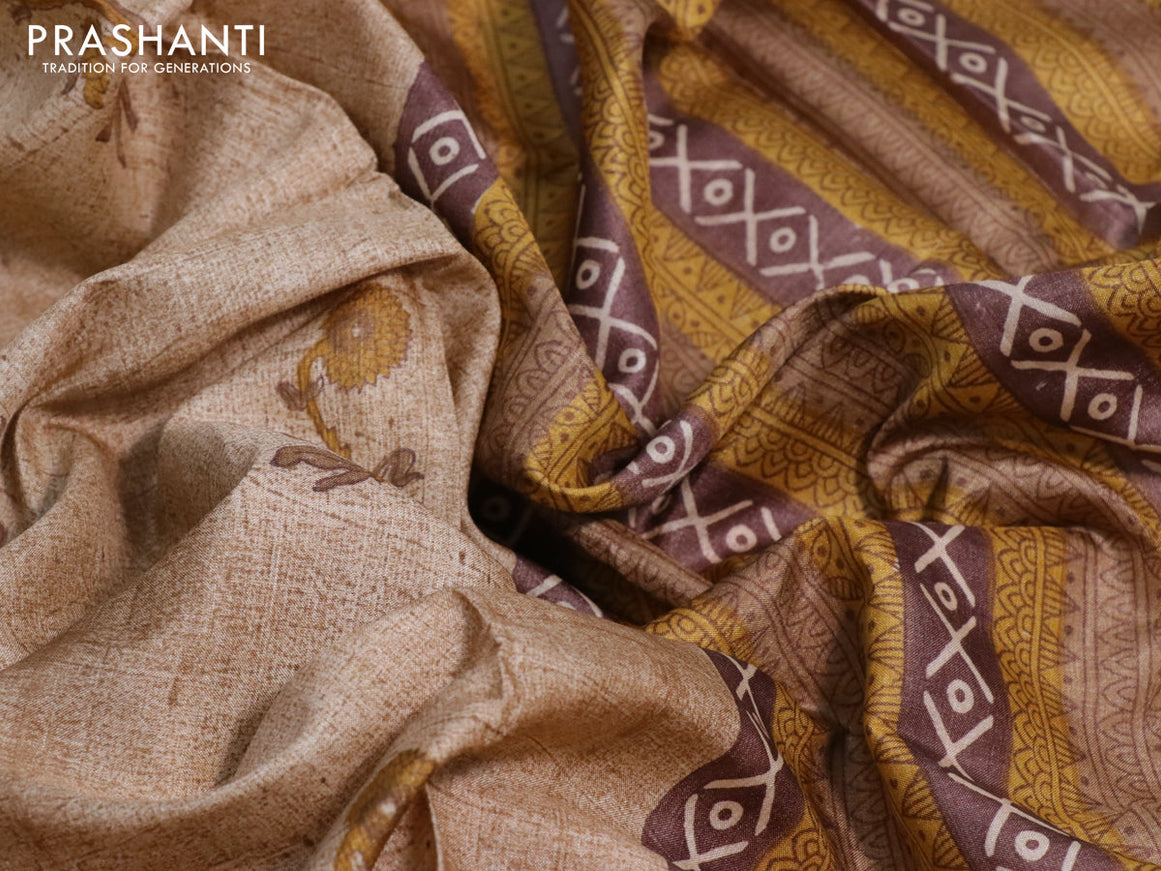 Pure tussar silk saree beige and yellow with floral butta prints and printed border