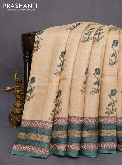 Pure tussar silk saree beige and green with floral butta prints and printed border