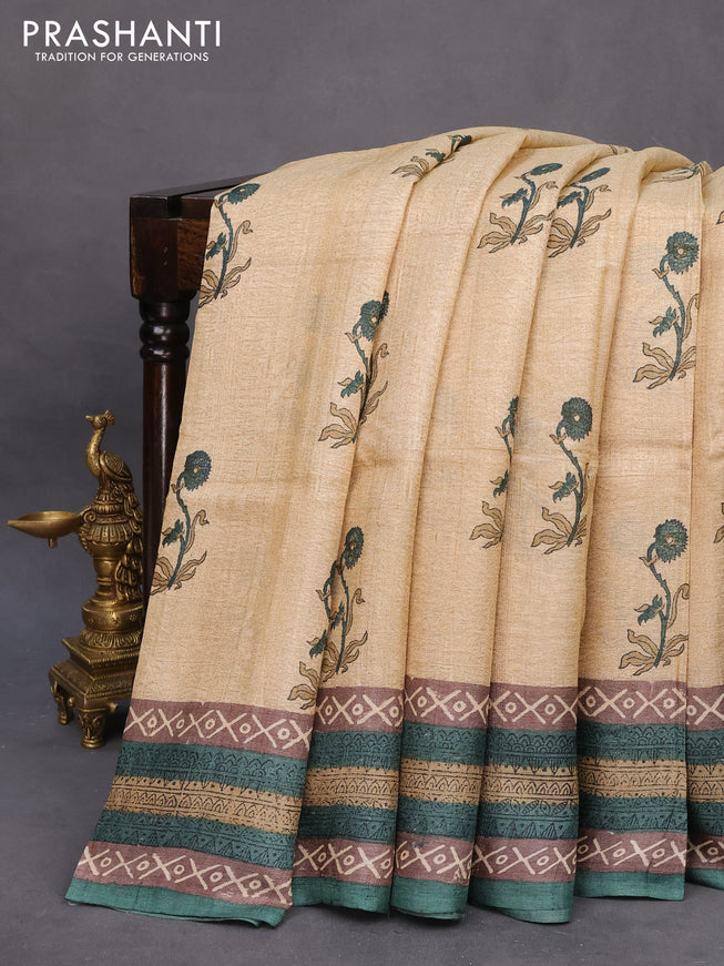 Pure tussar silk saree beige and green with floral butta prints and printed border