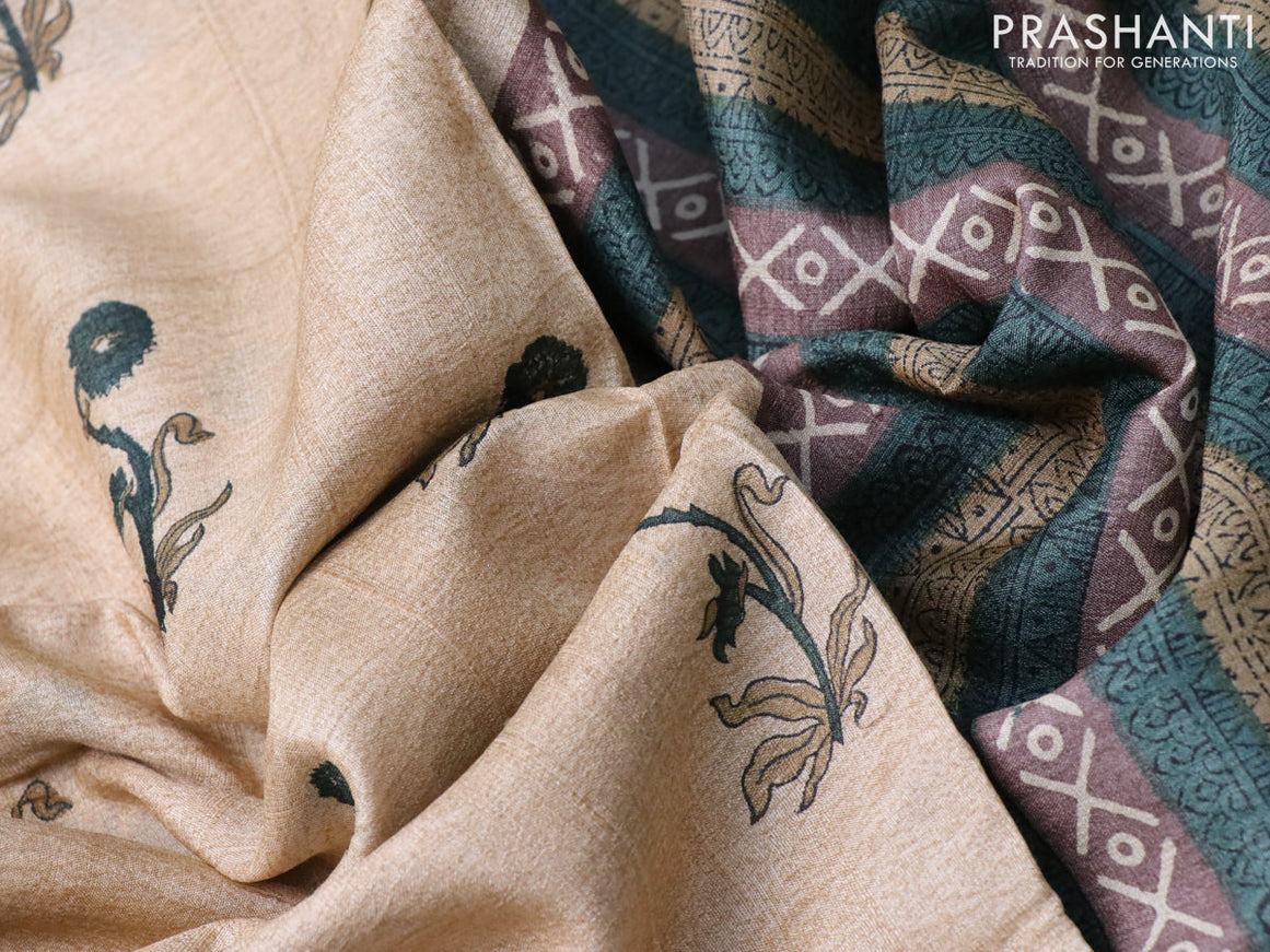 Pure tussar silk saree beige and green with floral butta prints and printed border