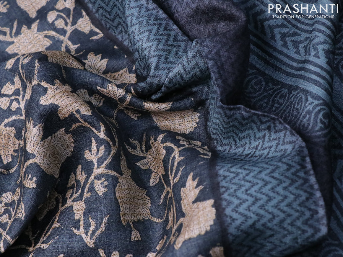 Pure tussar silk saree elephant grey with allover floral prints and printed border