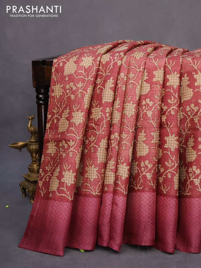 Pure tussar silk saree maroon shade with allover floral prints and printed border