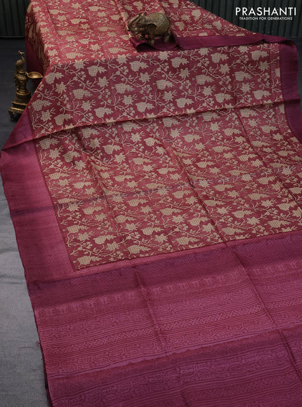 Pure tussar silk saree maroon shade with allover floral prints and printed border