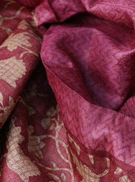 Pure tussar silk saree maroon shade with allover floral prints and printed border