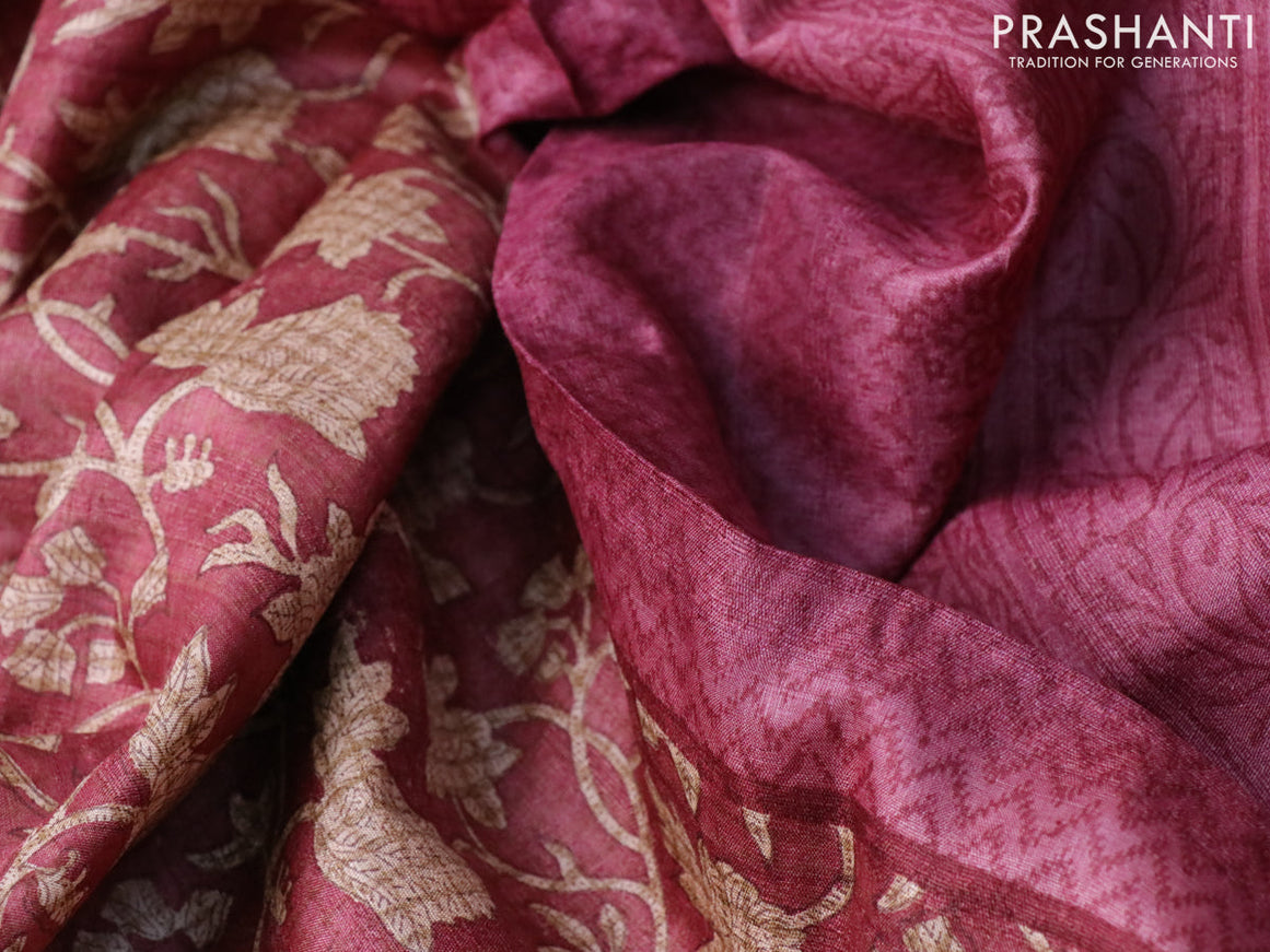 Pure tussar silk saree maroon shade with allover floral prints and printed border