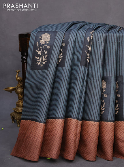 Pure tussar silk saree elephant grey and brown with allover stripes pattern & butta prints and printed border