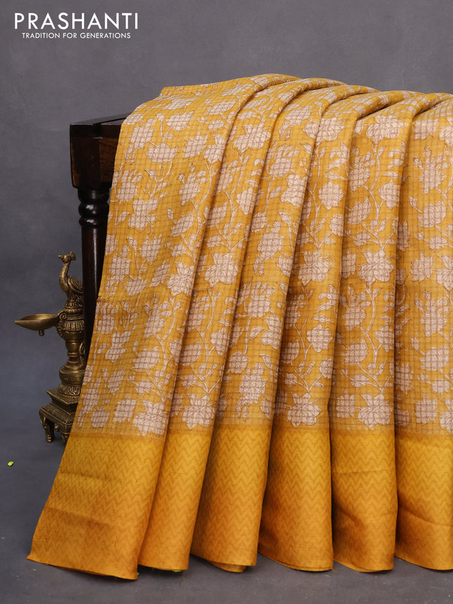 Pure tussar silk saree mustard yellow with allover floral prints and printed border