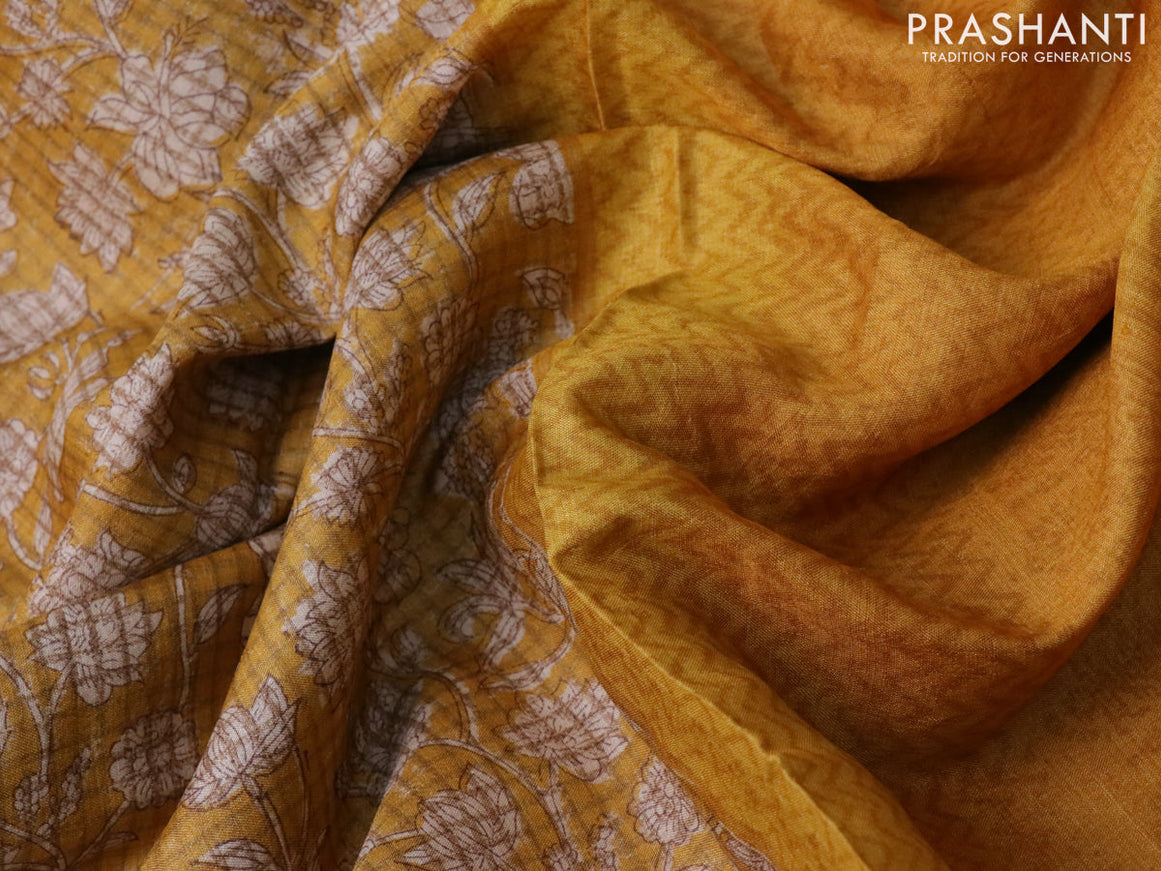 Pure tussar silk saree mustard yellow with allover floral prints and printed border