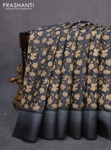 Pure tussar silk saree elephant grey with allover floral prints and printed border