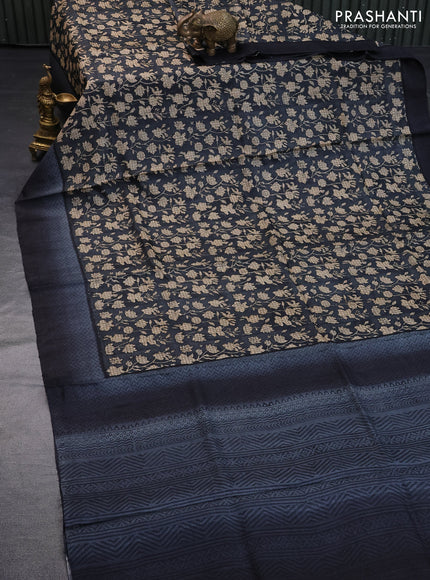 Pure tussar silk saree elephant grey with allover floral prints and printed border