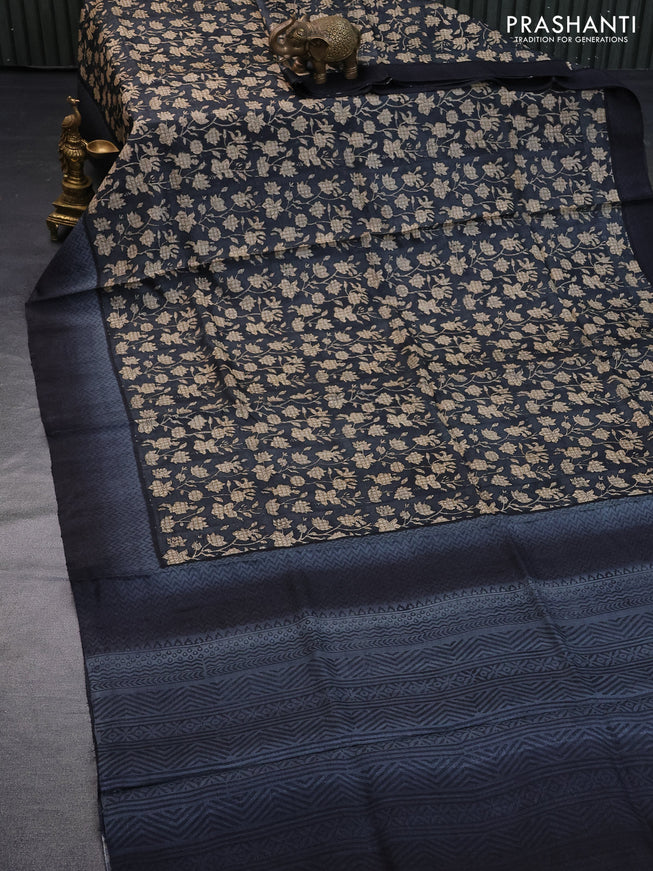 Pure tussar silk saree elephant grey with allover floral prints and printed border