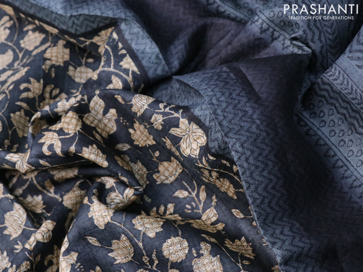 Pure tussar silk saree elephant grey with allover floral prints and printed border